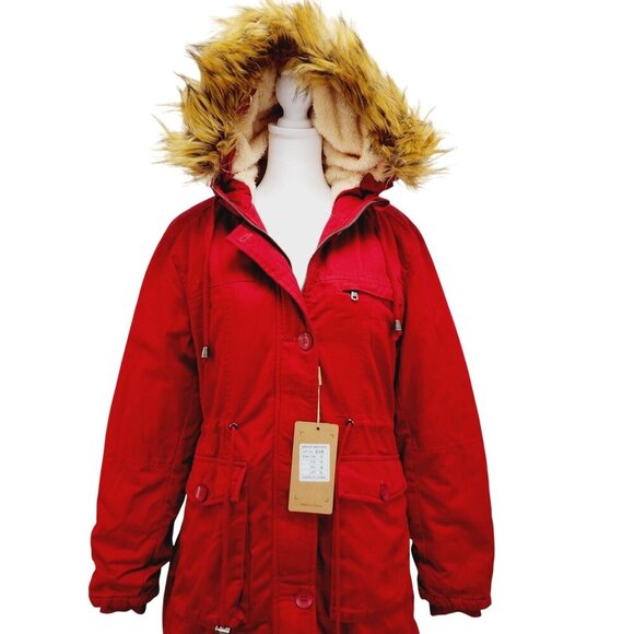 WenVen Jacket Womens Sherpa Lined Hooded Chore Coat Removable Fur Red Size M New - Picture 4 of 16